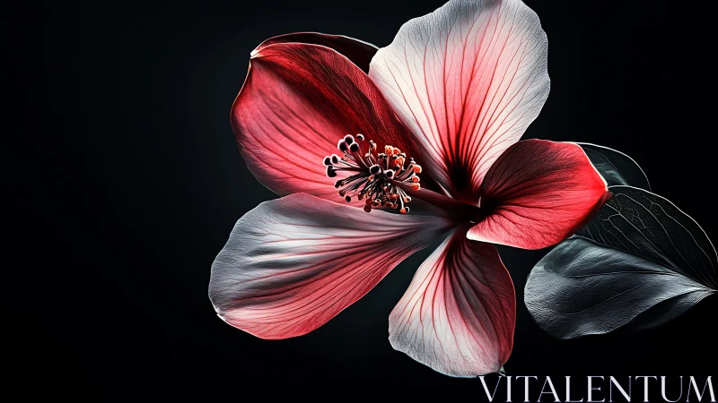 Red and white flower with visible stamens against dark background.