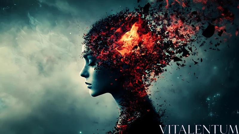 Dreamer of Embers: quiet profile dissolving into bright fire.