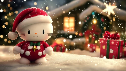 Photorealistic chibi Christmas cat in festive snowfall scene.