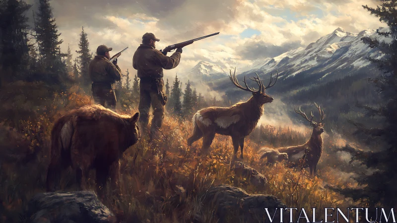 Hunters and elk face off in a dramatic alpine valley at dawn.
