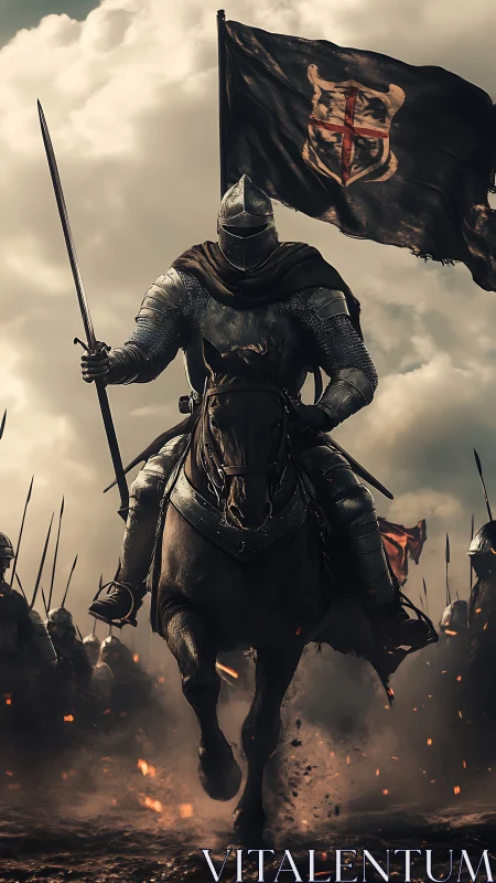 Armored cavalry commander charging with banner amid embers