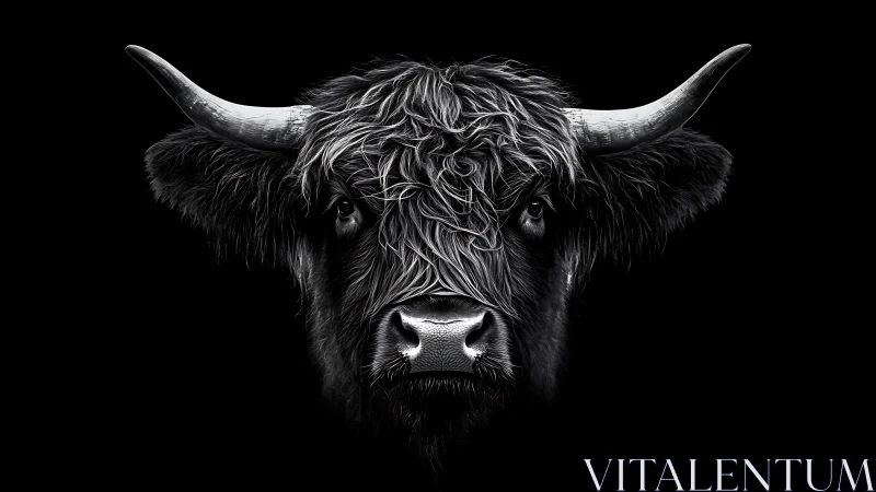 Highland bull portrait in dramatic monochrome lighting.