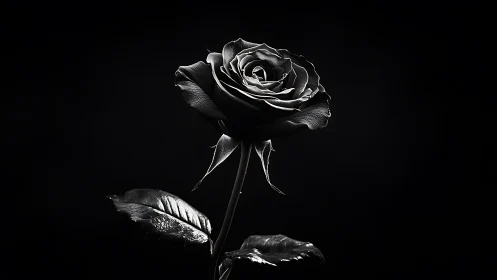 Single black rose glows softly against a deep void background