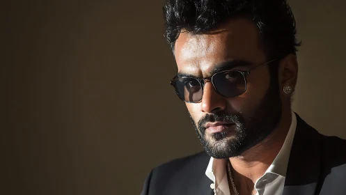 Moody low-key portrait of bearded man in dark sunglasses.