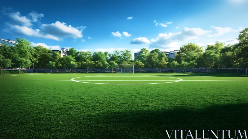 Sunny green soccer field ready for friendly community play.