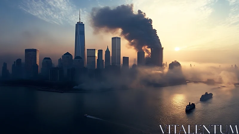 Smoke-shrouded city skyline under a hazy rising sun.