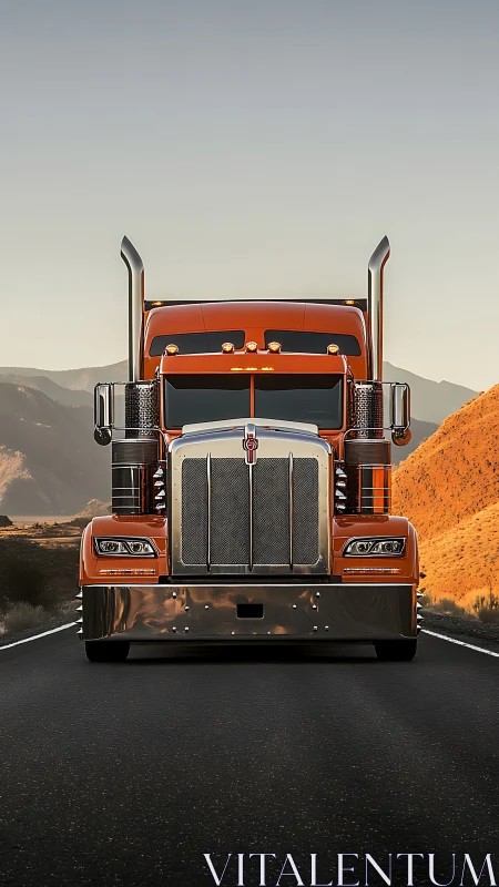 Powerful orange semi truck dominates a desert highway at dusk