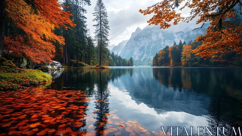 High-resolution alpine lake with reflective autumn foliage panorama