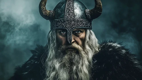 Bearded warrior in horned helmet against dark misty backdrop.