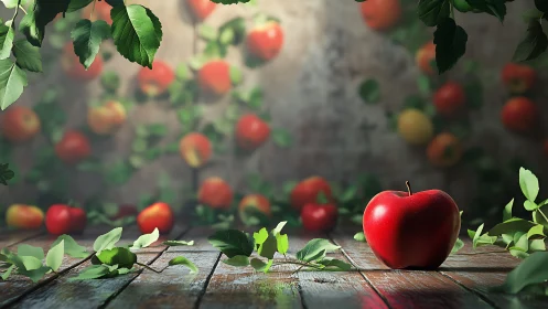 Crimson apple on rustic boards amid blurred orchard backdrop.