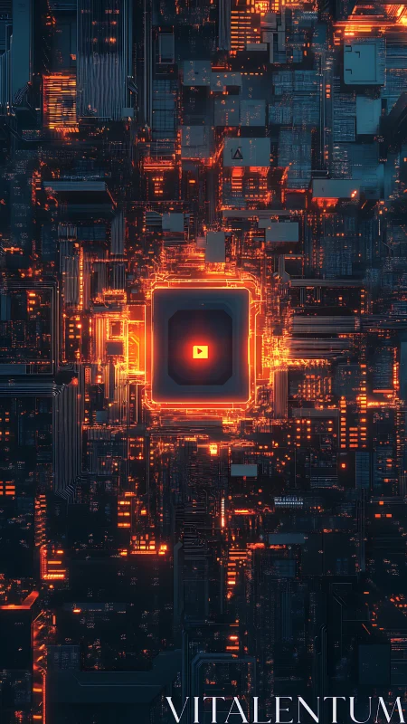 Glowing cybernetic core renders a luminous data circuitry matrix