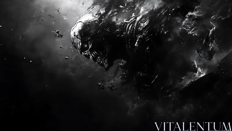 Metallic skull-like entity emerges from swirling darkness