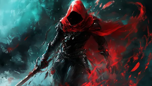 Hooded blade warrior strides through swirling crimson storm
