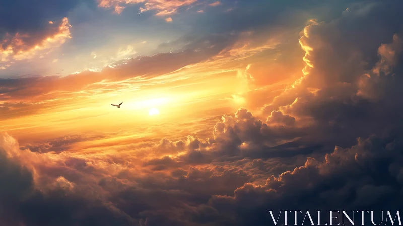 Radiant sunset sky embraces solitary airplane in clouds.