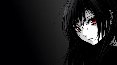 Monochrome anime portrait with red eyes on dark background.