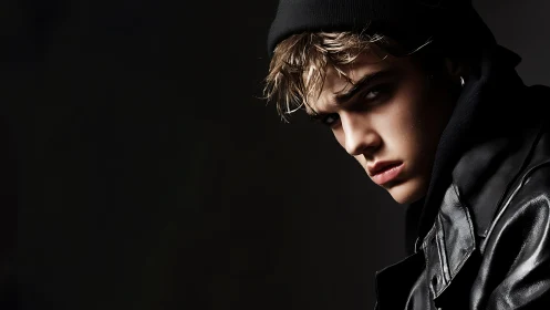 Low key portrait of moody youth in leather with raking light.