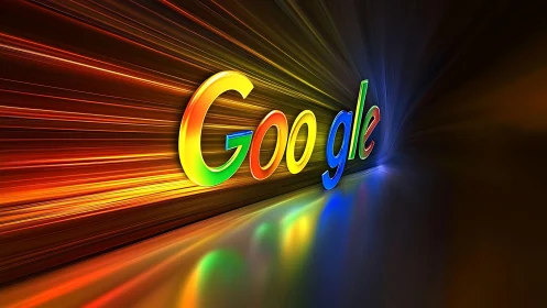 Google wordmark in motion with radial light streaks background.
