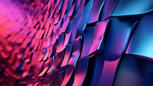 Abstract metallic tiles with vibrant pink and blue lighting, digital art.