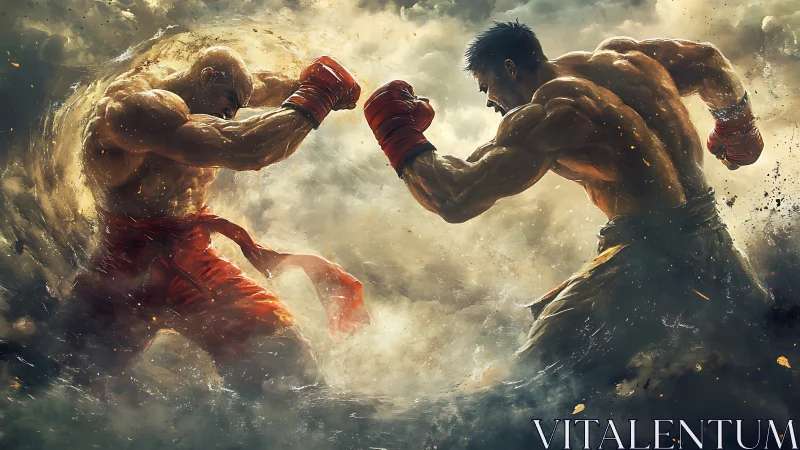 Two Boxers in Intense Combat with Dramatic Sky