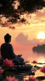 Buddha statue at tranquil lakeside during orange sunset.