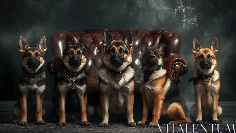 German shepherd lineup before vintage leather armchair.
