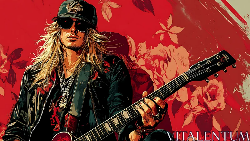 Rock guitarist in leather jacket poses against bold florals.