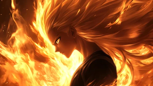 Anime profile portrait in dynamic flame-infused composition.