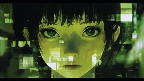 Cybernetic gaze amid luminous green glitch fragments.