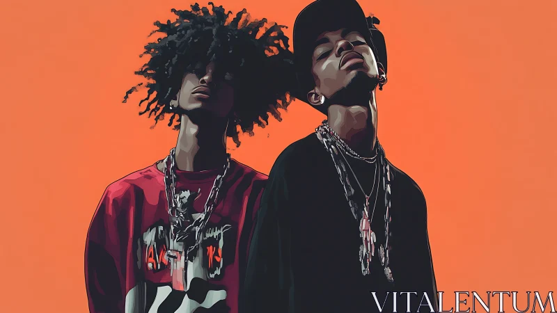 Two stylized young men in streetwear against orange background.