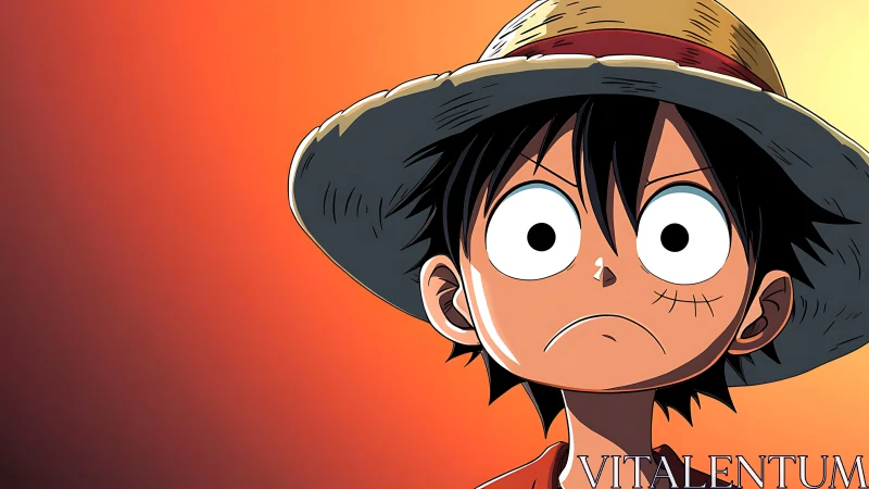 Straw hat boy in intense anime close-up portrait study.