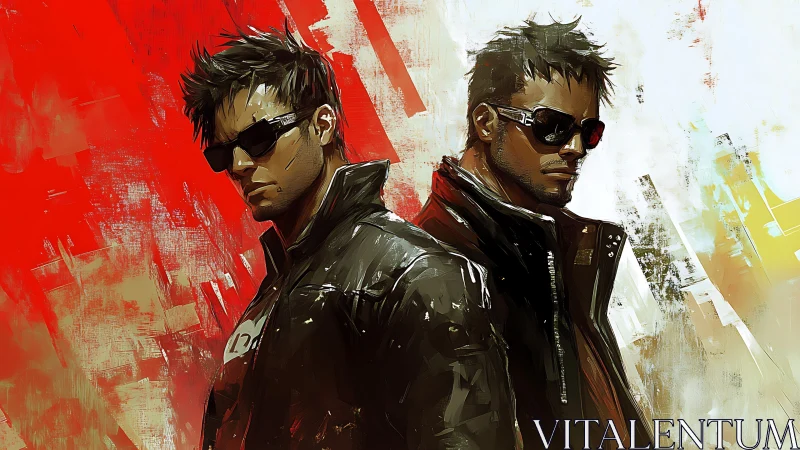 Stylish twin rebels stand back to back in bold colors.