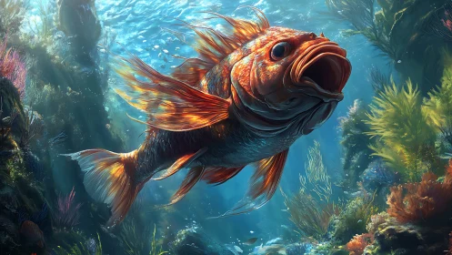 Vibrant orange reef fish rendered in dynamic digital seascape.