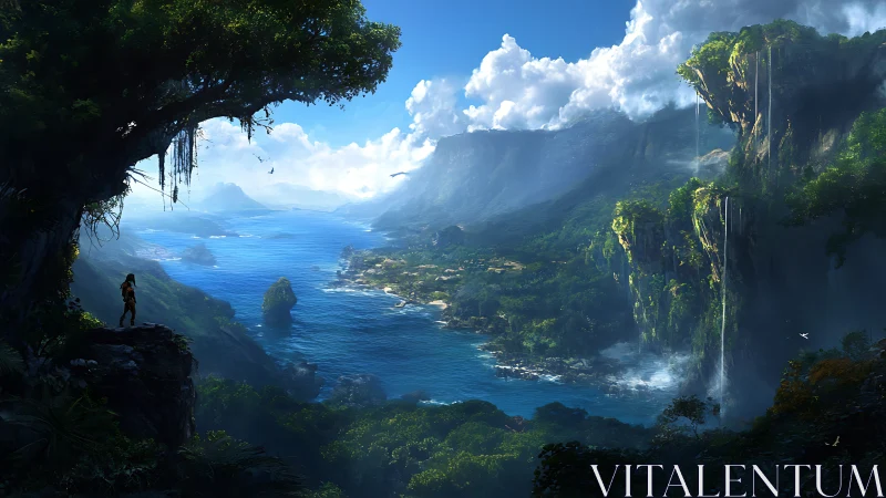 Elevated viewpoint overlooking archipelago with waterfall cascade formation.