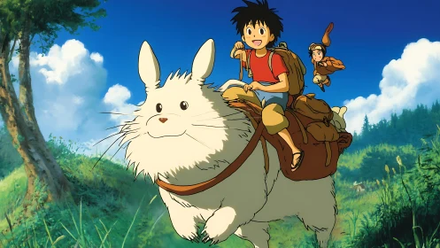 Children ride a fluffy creature across a bright summer valley