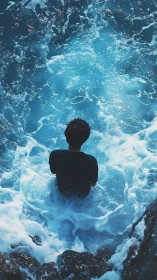 Solitary figure sinks into churning electric-blue surf.