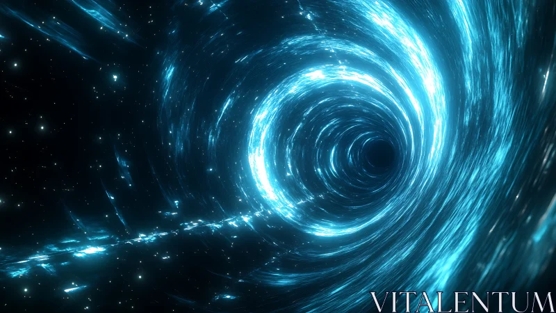 Glowing blue wormhole tunnel in deep outer space scene.