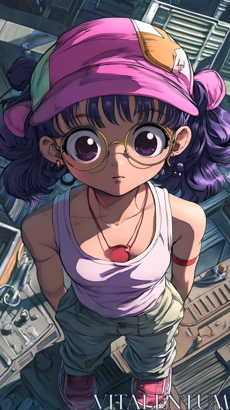 Upward gaze of pastel-capped girl in urban rooftop light.