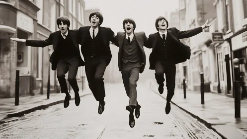 Vintage band in suits jumping on empty city street.