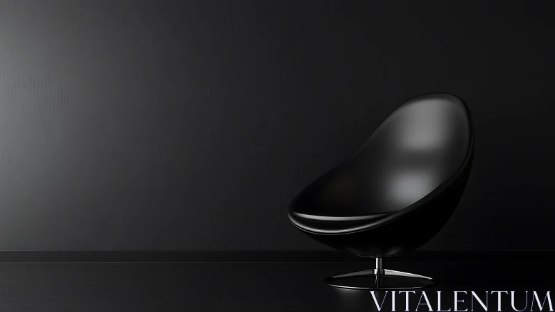 Minimalist black lounge chair curves against dark wall.