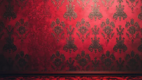 Red wall with black baroque damask pattern and baseboard