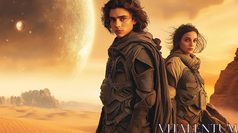 Desert-clad travelers in armored suits under colossal ringed planet