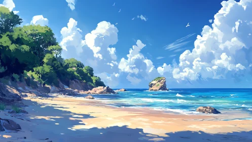 Coastal shoreline with trees, sand, clouds, and offshore rock.