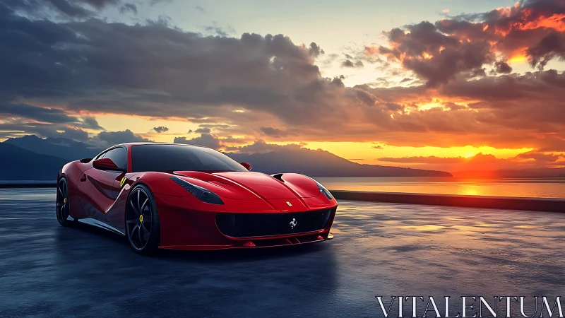Scarlet supercar greeting a molten seaside sunset horizon.