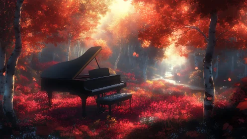 Grand piano in volumetric-lit crimson forest environment.
