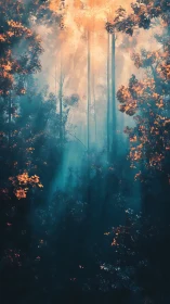 Tall eucalyptus trees pierce through layered mist and golden foliage canopy.
