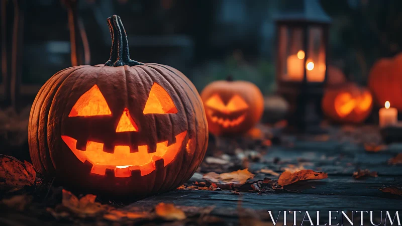 Carved jack o lanterns glowing on a moody autumn path.