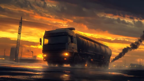 Sunset tanker roars through molten clouds of industrial dusk.