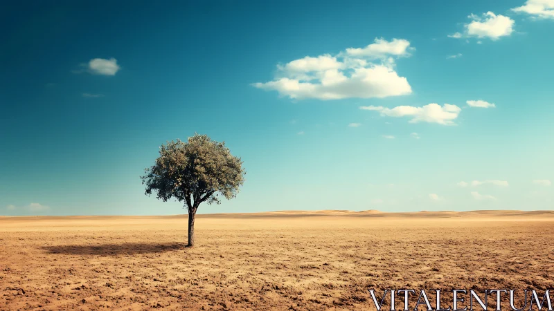 Lone tree in vast desert under clear blue sky, minimalist landscape.