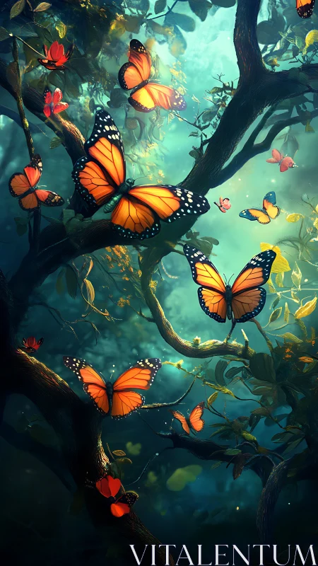 Monarch butterflies glow through twilight forest canopy