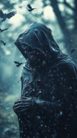 Shadowed reaper walks softly through a storm of silent crows